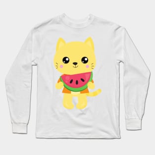 Hawaii Cat, Cute Cat, Yellow Cat, Watermelon, Luau Long Sleeve T-Shirt